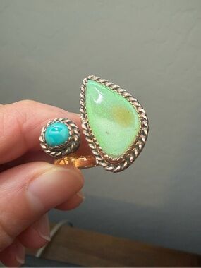 Green Opal Teardrop and Turquoise Accent Bypass Ring size 8